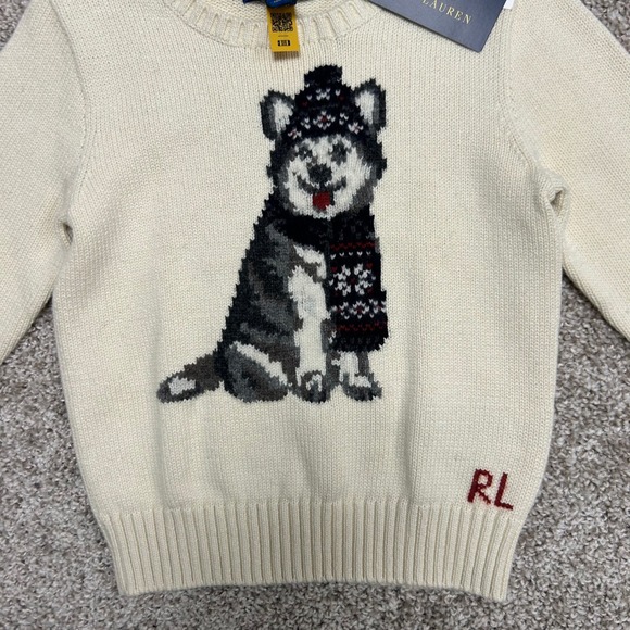 NWT Polo Ralph Lauren Dog Intarsia Crewneck Sweater Boys Size 3 Husky Cream - Picture 7 of 9
